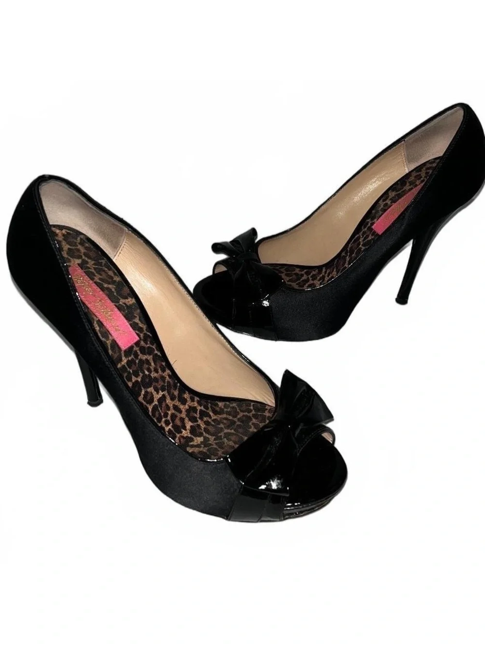 Betsey Johnson Black Satin Peep Toe Heels with Bow Detail Size 9.5